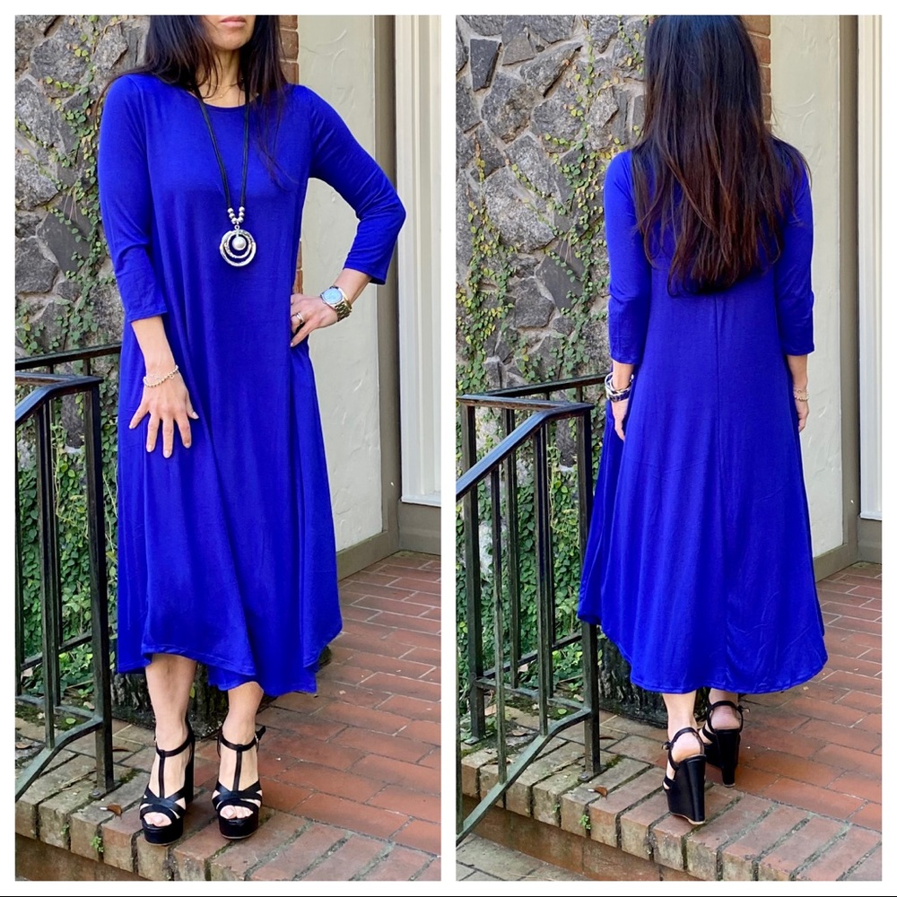 Chic Royal blue viscose side pocket swing dress - Picture 2 of 11